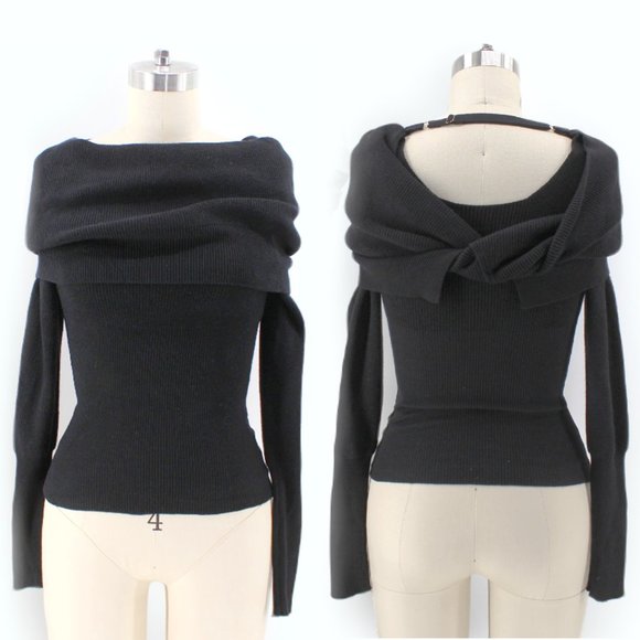 No label Sweaters - Black Off The Shoulder Sweater Ribbed Knit Adjustable Open Back Long Sleeve SZ S